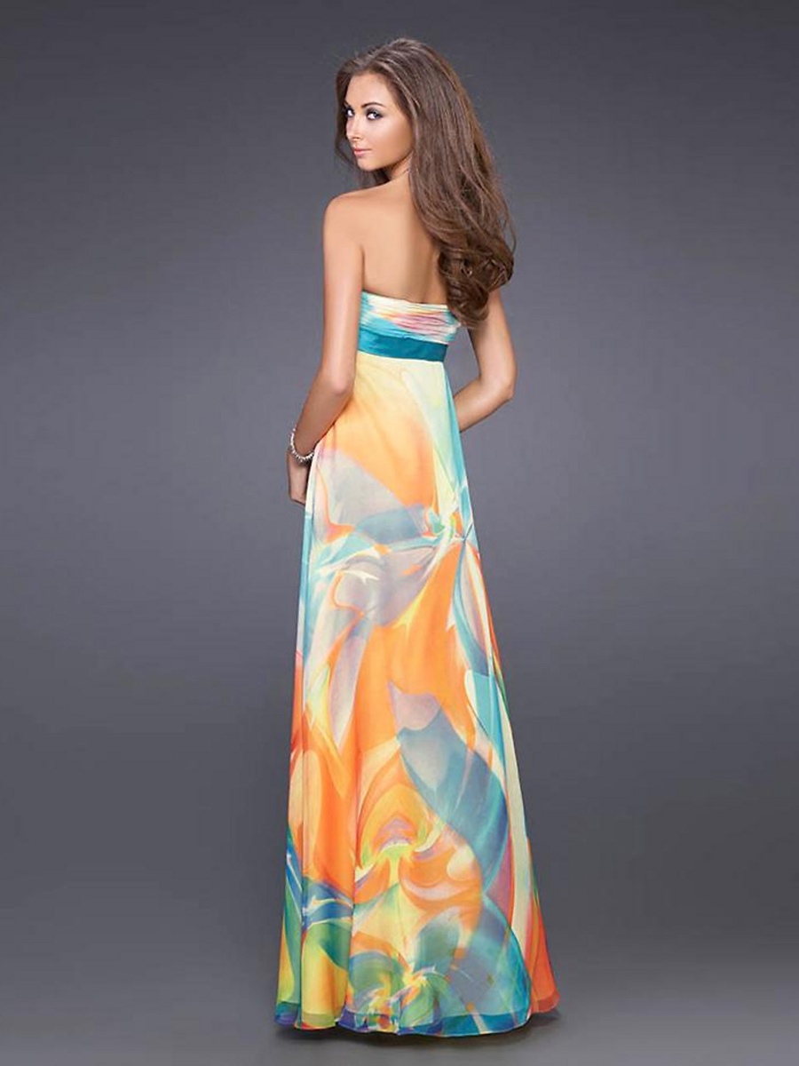 Empire Style Floor Length Multi-Color Printed Chiffon Brooch Front Celebrity Gown