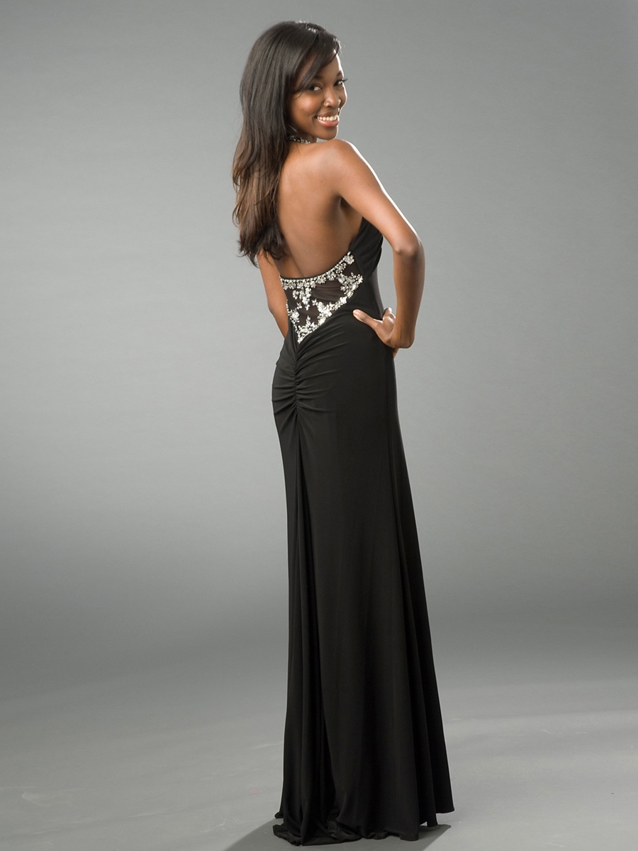 Column Floor Length Black Chiffon Diamantes Embellished Top Evening Gown