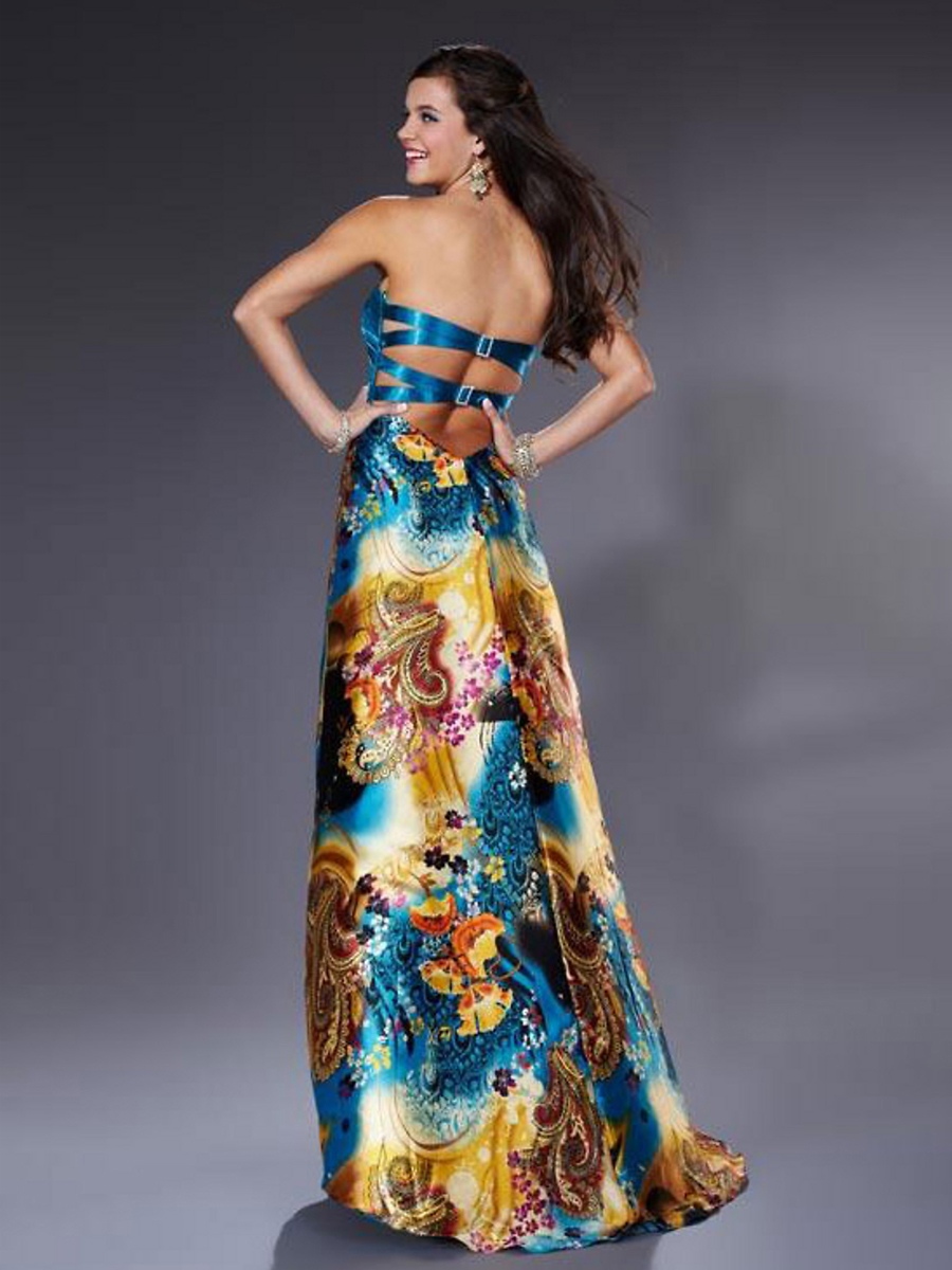 Piso Funda Multi- Longitud de satén de color Impreso Cut-Out Detallado Volver vestidos de famosos