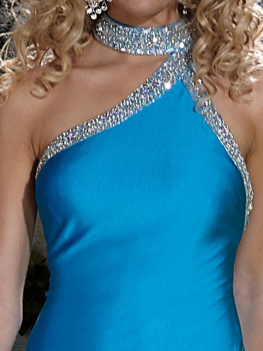 Asymmetrical Neckline Beaded Collar Stretch Satin Side Slit Full Length Evening Dresses