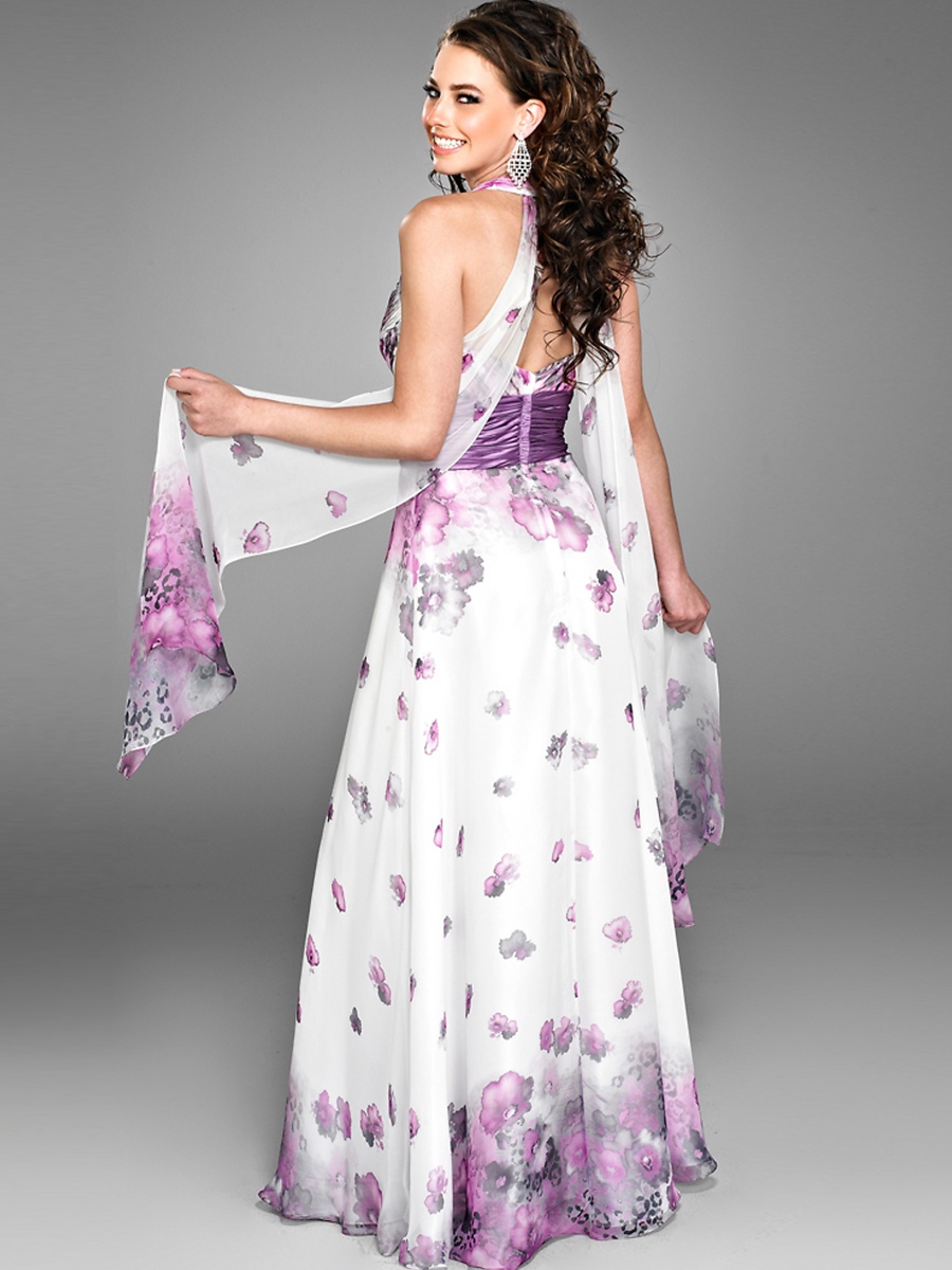 Bodenlangen Mantel Multi- farbig bedruckt lila Satin -Kleid mit Schärpe verziert Schal
