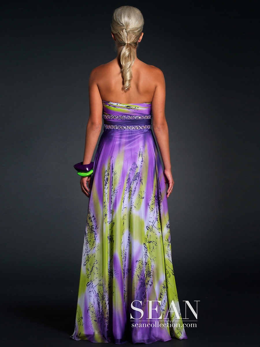 Empire Strapless Floor Length Multi-Color Printed Beaded Draped Celebrity Outwear