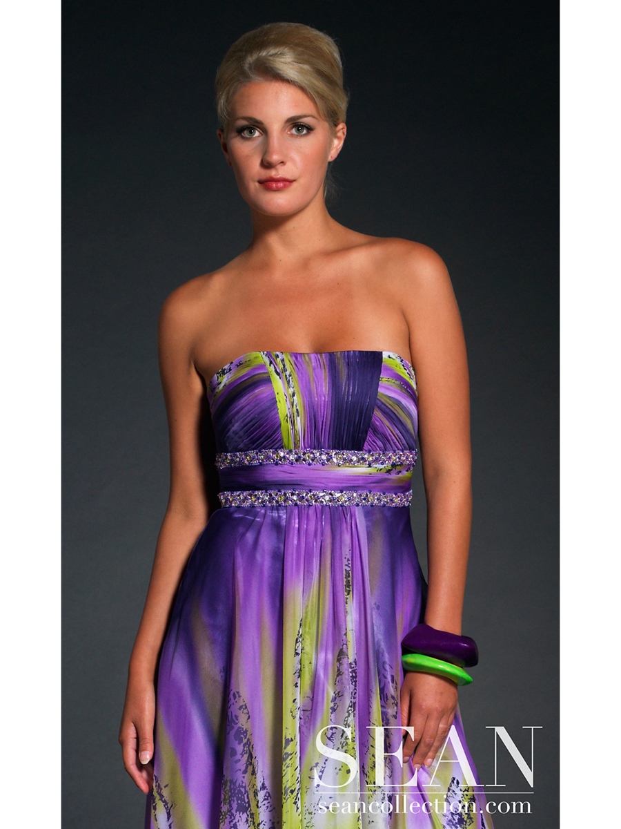 Empire Strapless Floor Length Multi-Color Printed Beaded Draped Celebrity Outwear