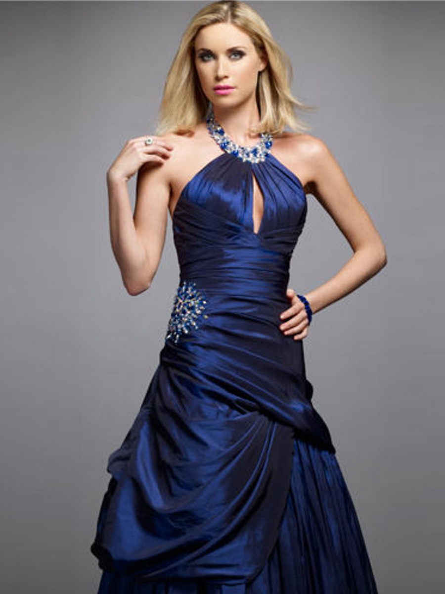 Cuello suntuosa joya piso-longitud bata de pelota , Azul Marino seda de tafetán con cuentas vestido de diamantes de imitación
