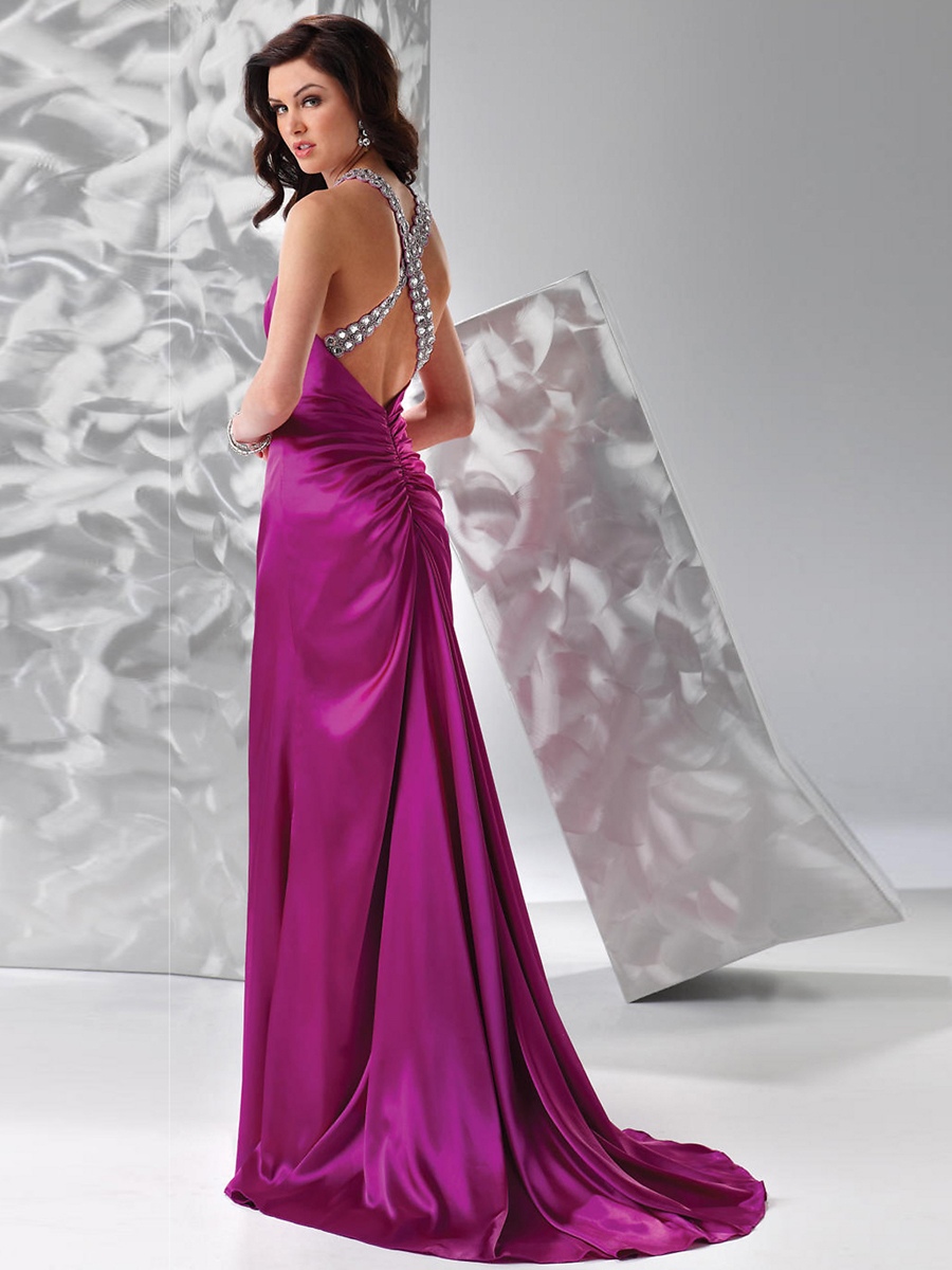 Keyhole Neck Floor Length Sheath Silky Purple Satin Evening Dress 2012