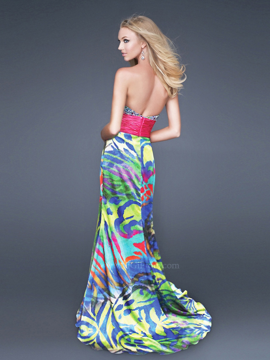 Trumpet Floor Length Beaded Bodice and Multi-Color Printed Evening Dress