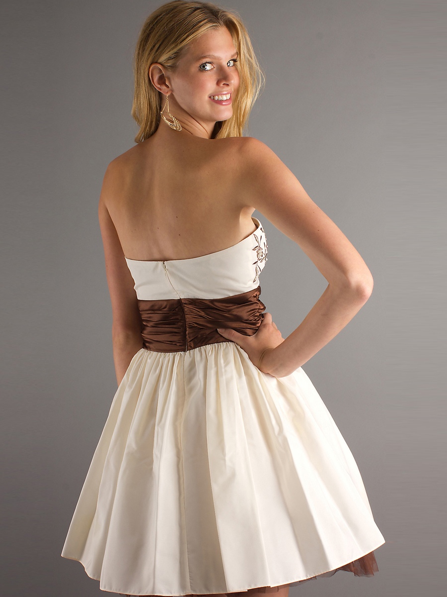 Taffeta Tulle A-line Strapless Embroidered Ruched Band Short Length Wedding Guest Dresses