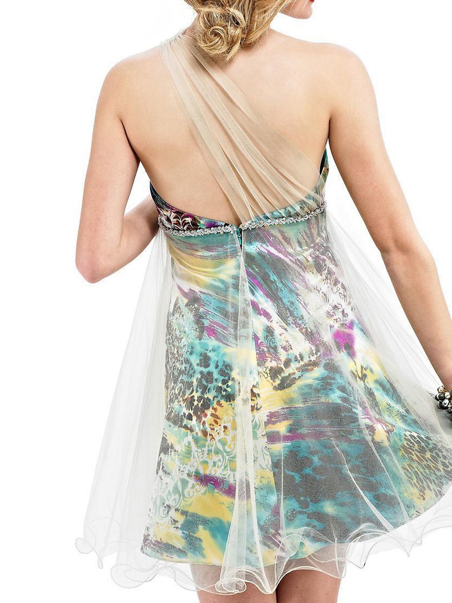Kurzer Mantel Schatz Multi- farbig bedruckt Cocktail-Party- Kleid mit passender Schal Tulle