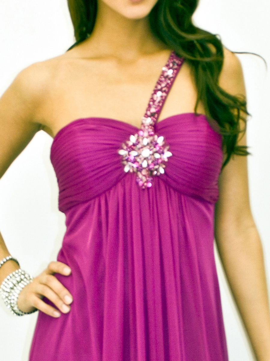 Purple Chiffon One-shoulder Straps Sweetheart Neckline Jeweled Ornament A-line Evening Dresses