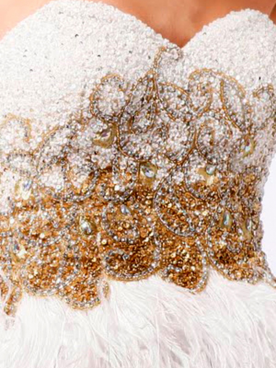 A-Linie Stil herzförmiger Ausschnitt mit Pailletten Sparking Bodice Feather Rock Prom Dresses