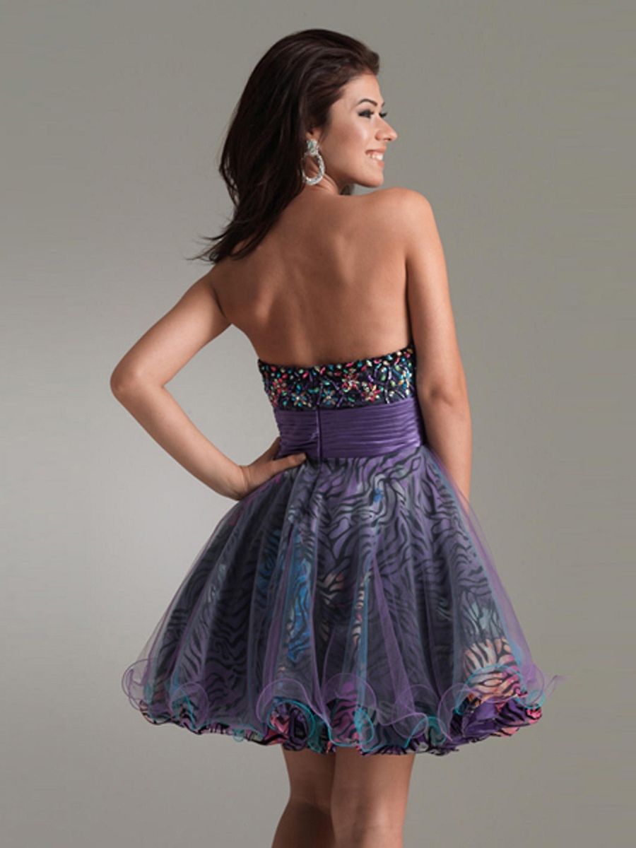 Adorable Strapless Short A-Line Purple Tulle and Multi-Color Printed Inlay Party Dresses