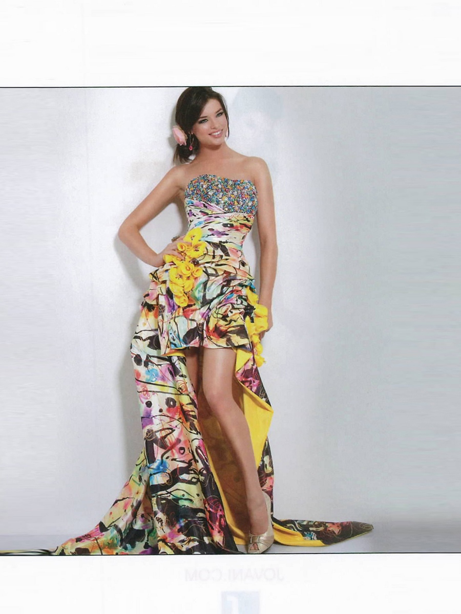 Gorgeous Strapless Asymmetrical Hem Multi-Color Printed Beaded and Flower Celebrity Dress