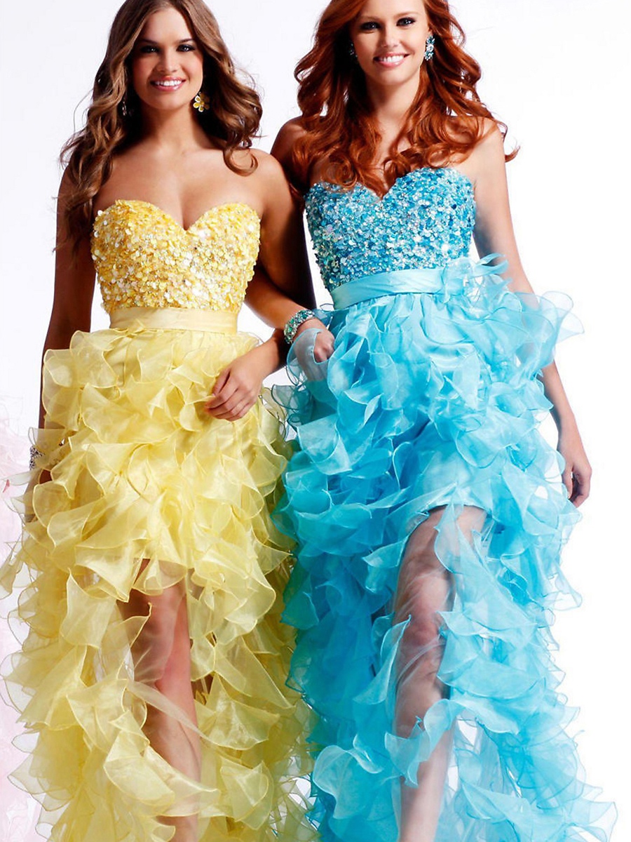 Luxurious A-line Sweetheart Glittering Sequins Beautiful Ruffles High Low Prom Dresses