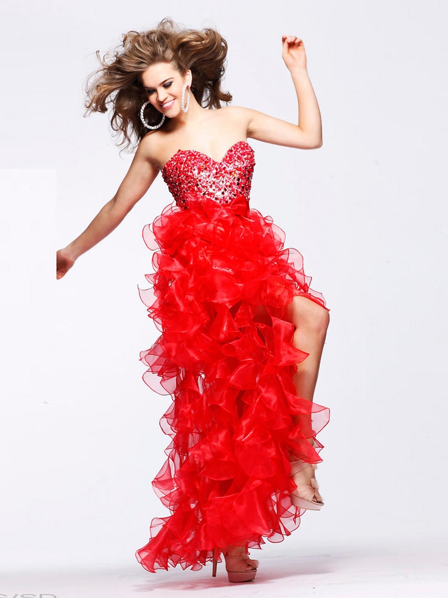 Luxurious A-line Sweetheart Glittering Sequins Beautiful Ruffles High Low Prom Dresses