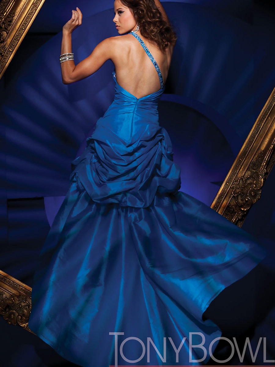 Splendida One- Shoulder Hem Asymmetrical Sheath Royal Blue Heavy Silky Satin Gown Celebrity