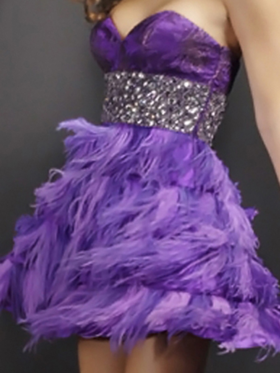 Hot Seller Sweetheart Short Sheath Purple Satin and Feathered Cocktail Party Dress