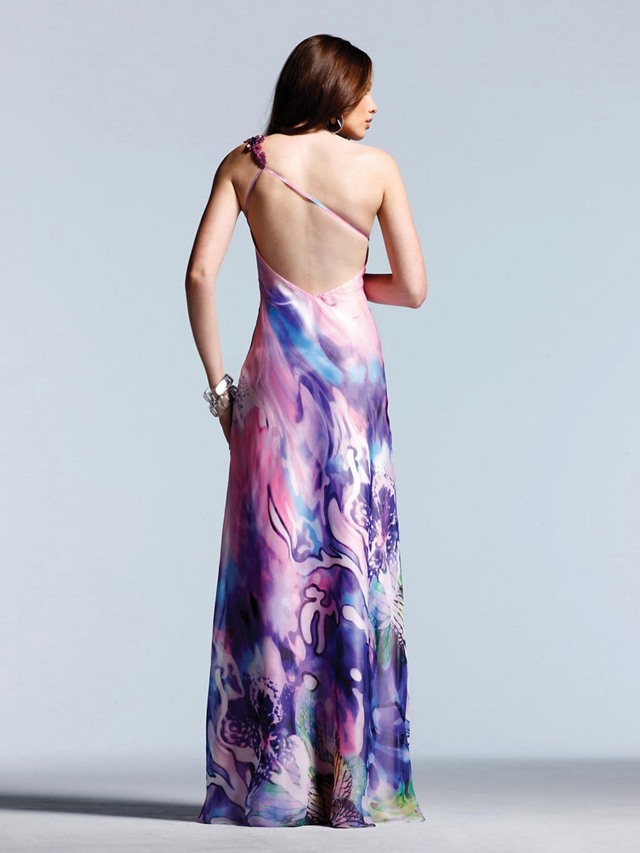 色付けプリントシフォンワンショルダースイートハートネックラインアップリケの装飾イブニングドレス