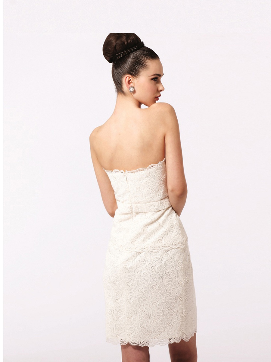 Bainha curta Branco Comprimento sem alças Lace Cinto frontal da cintura Júnior vestido da dama de 2012