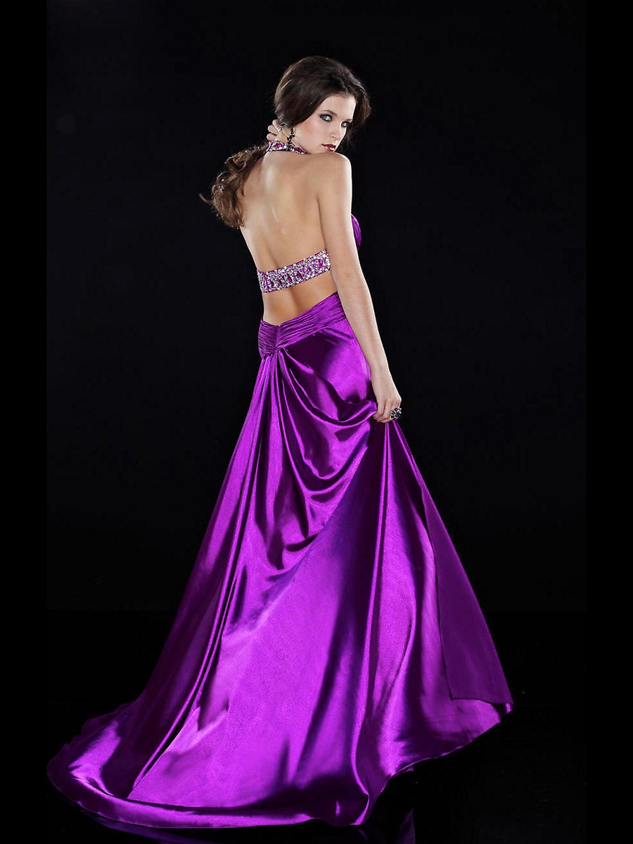 Jeweled Halter Sweetheart Neckline Cut -out Side Regency Satin A-line Celebrity Dresses