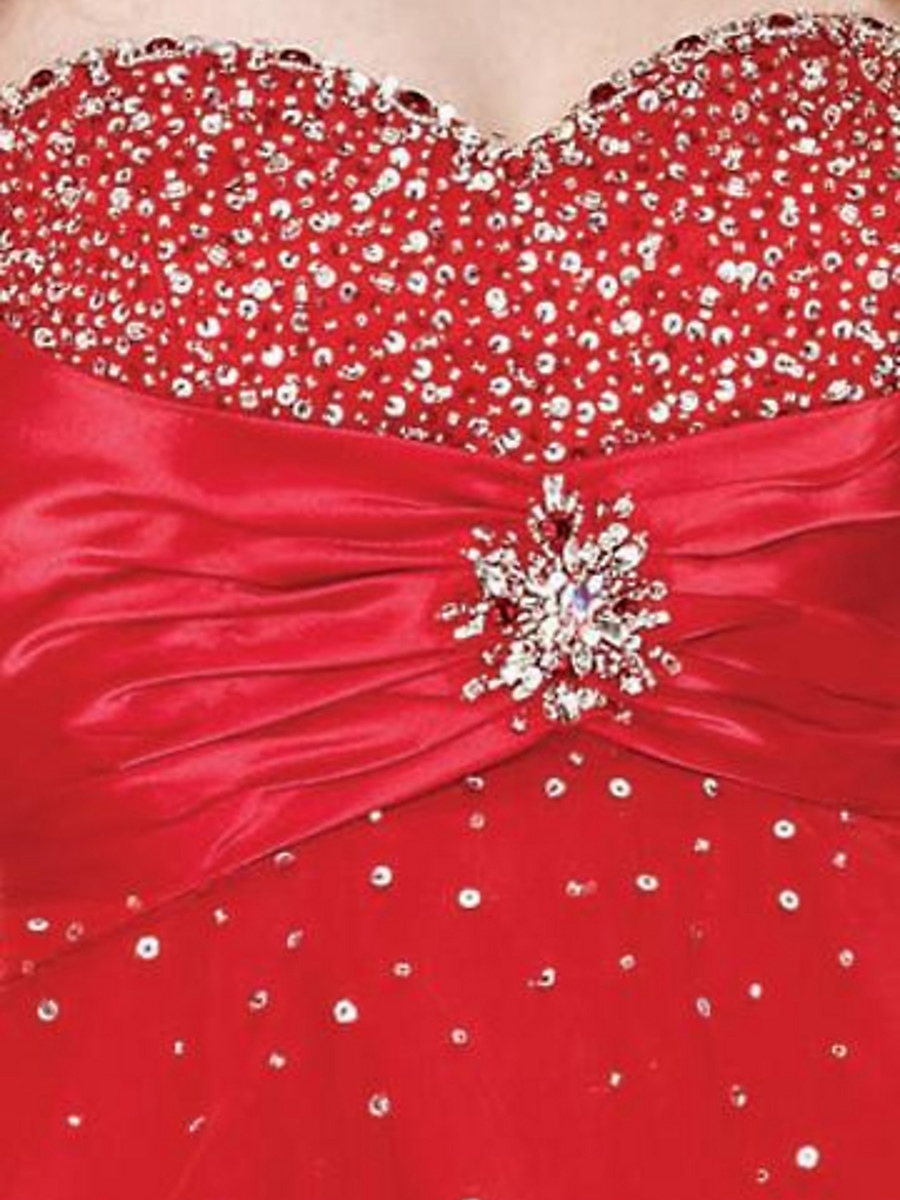 Fantasy Strapless Red or Pink Satin and Tulle A-Line Wedding Party Dress of Beadings