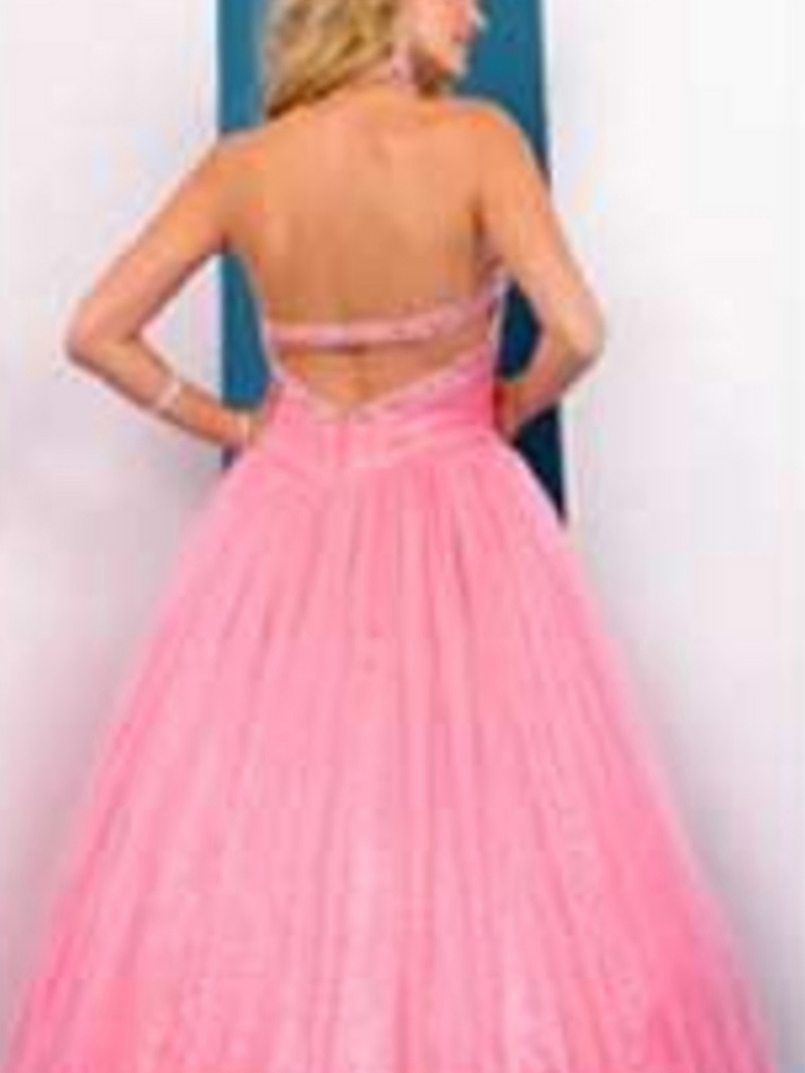 Sweetly Pink Tulle Fabric Halter Strap Deep V-neckline Full Length Ball Gown Quinceanera Dresses