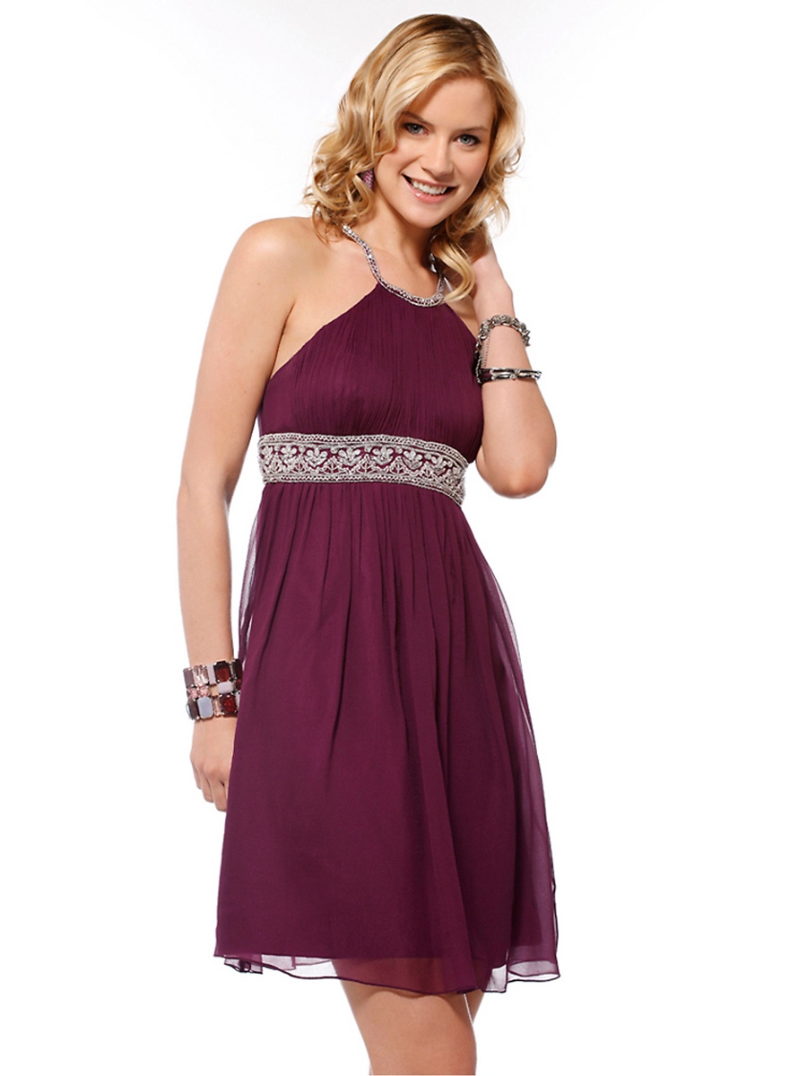 Brown Chiffon A-line Style Halter Neckline Beaded Band Knee Length Wedding Guest Dresses