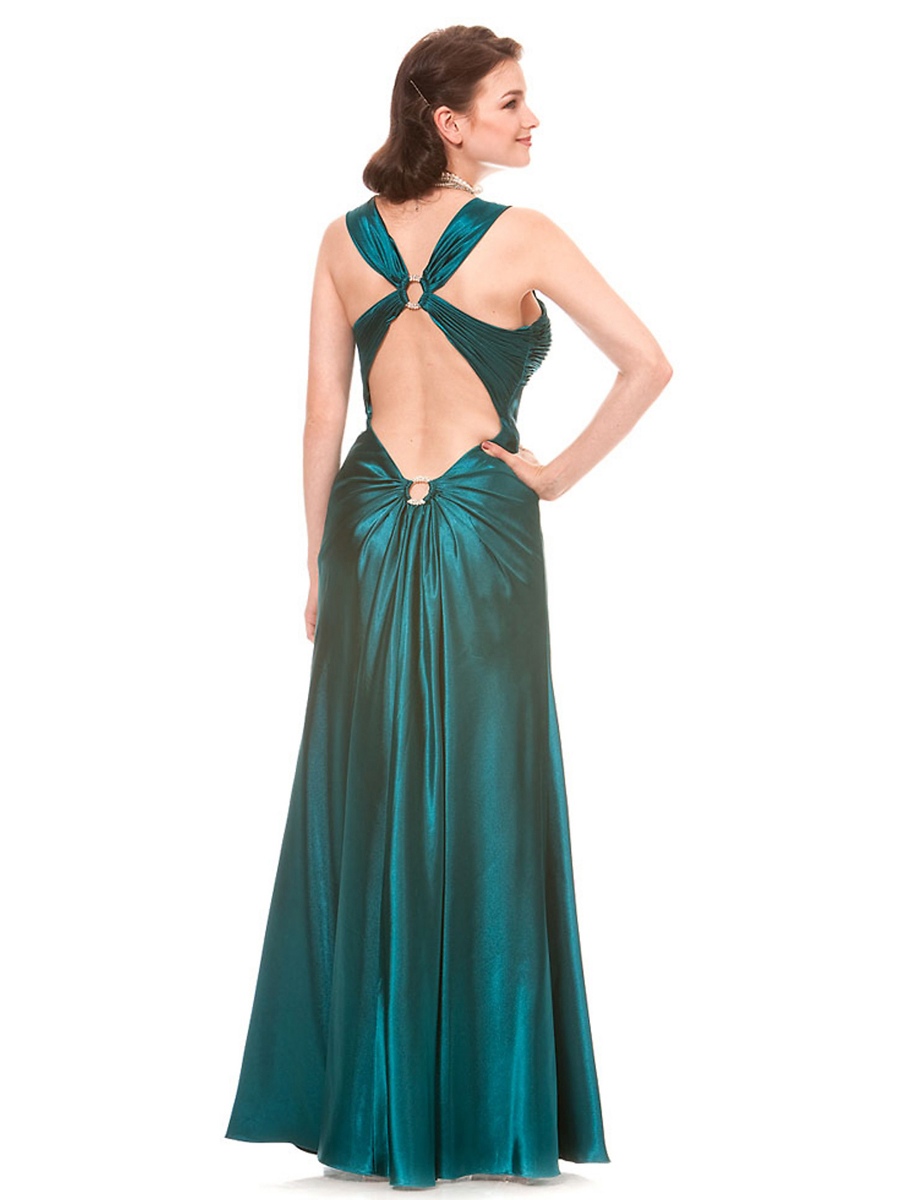 ダークグリーンのサテンラインスタイルスクエアネックラインエンパイアウエスト全身イブニングドレス