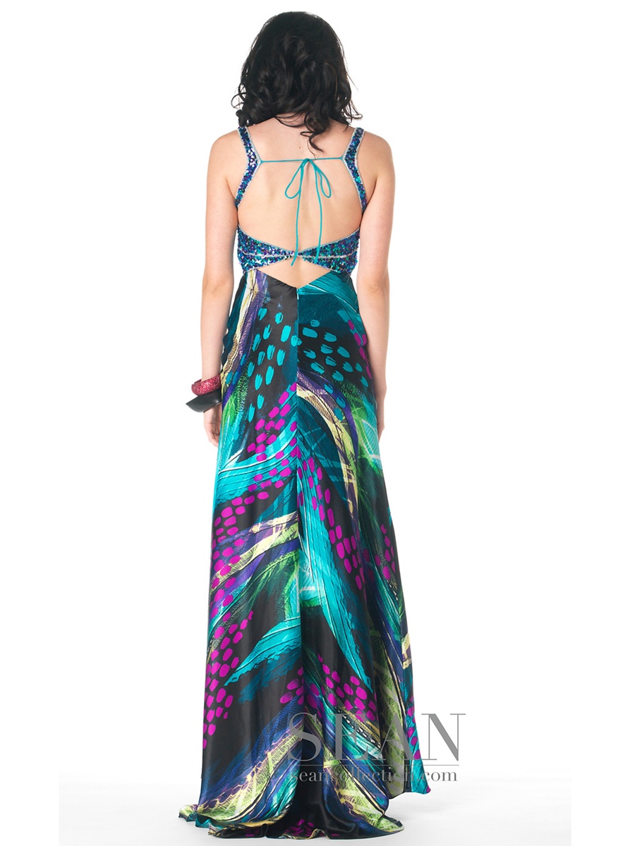 Colorized Print A-line Style V-neckline Sequined Trim Open Back Full Length Evening Dresse