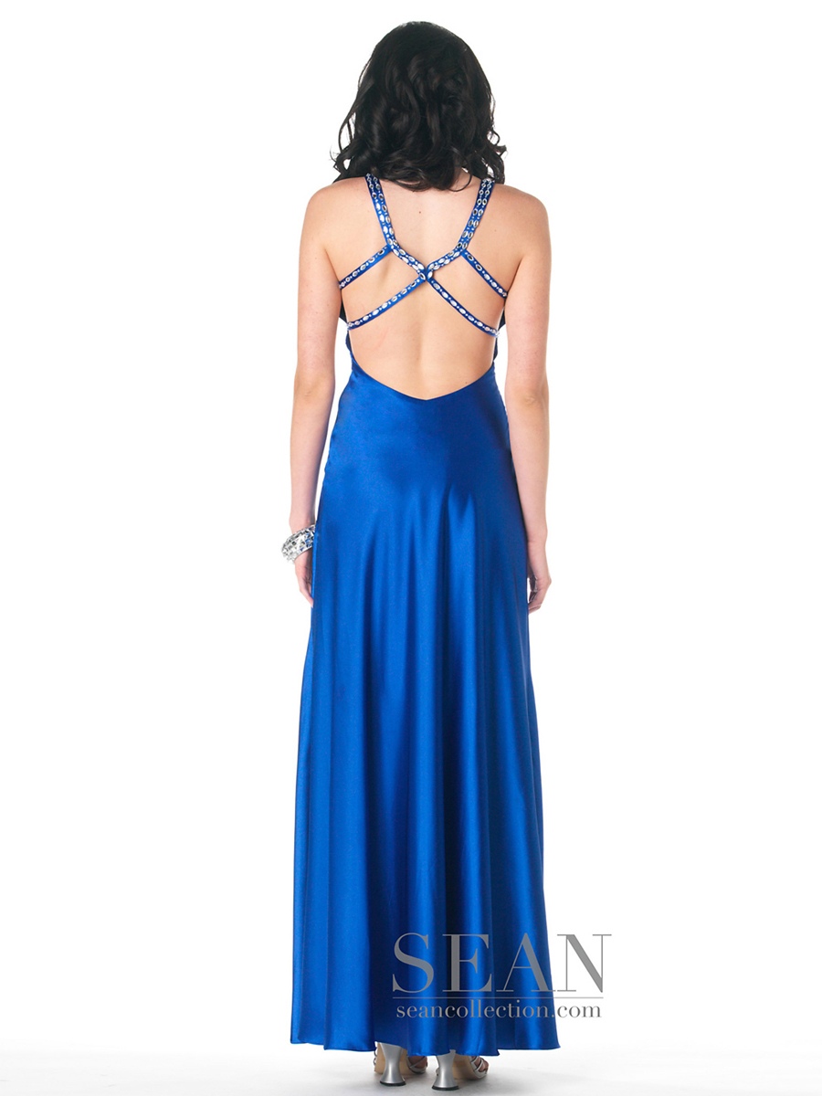 Stretch Satin A-line Silhouette Sequined Trim V-neckline Full Length Evening Dresses