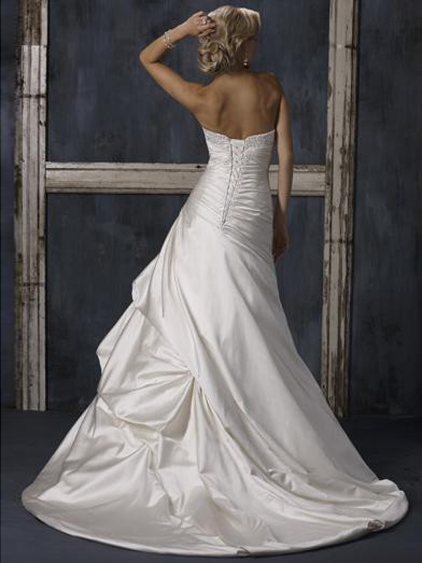 Strapless Ruched Bodice with Asymmetrical Pick up in Chapel Train Wedding Dress