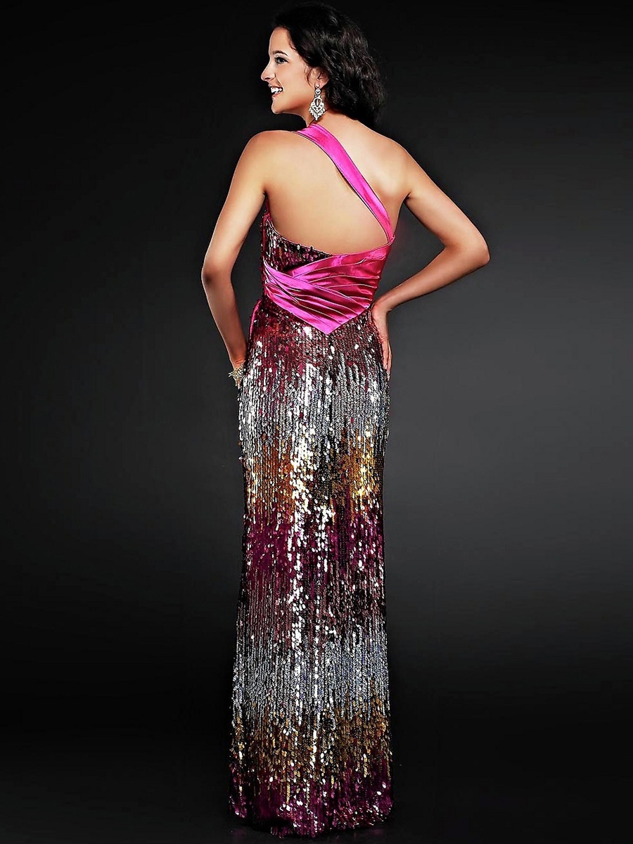 Lujoso con un hombro piso-longitud de hendidura con lentejuelas fucsia famoso vestido de 2012