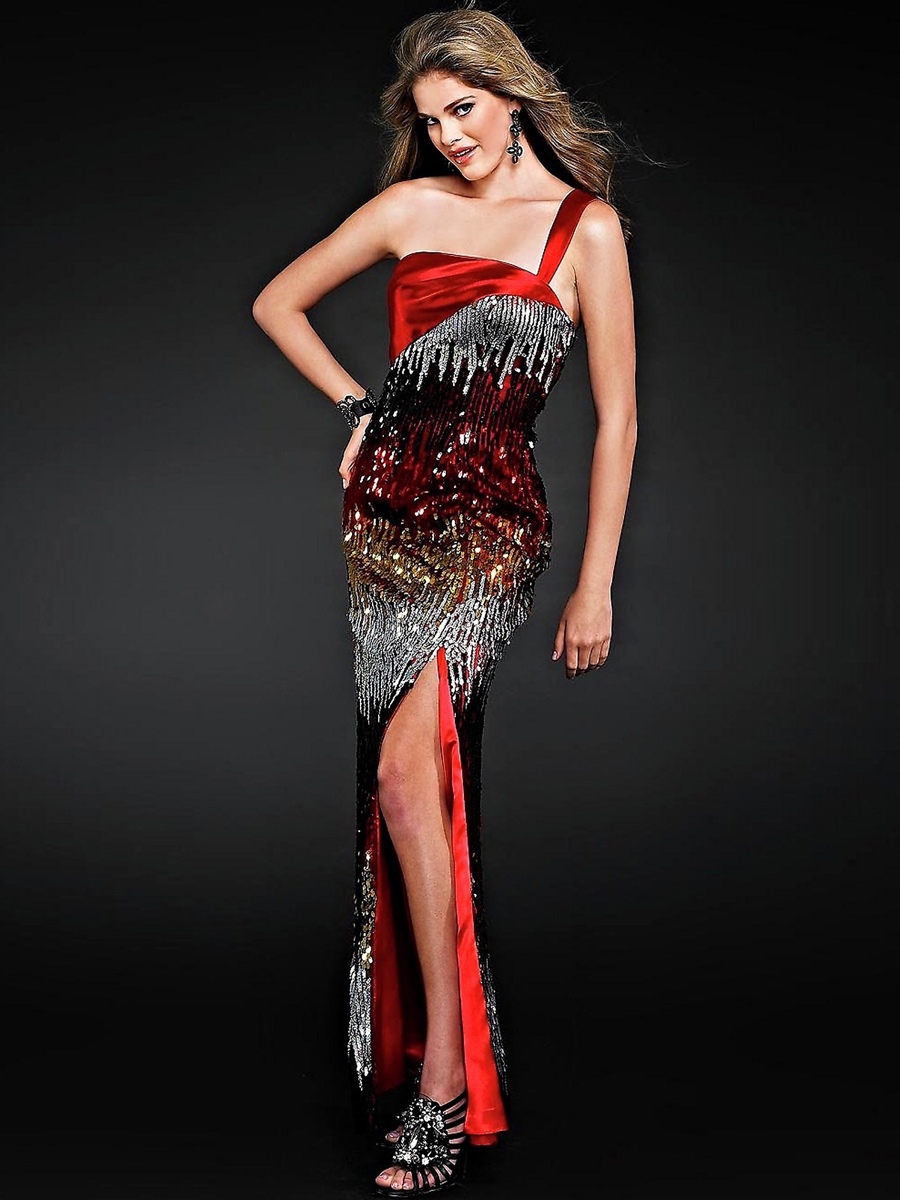 Lujoso con un hombro piso-longitud de hendidura con lentejuelas fucsia famoso vestido de 2012