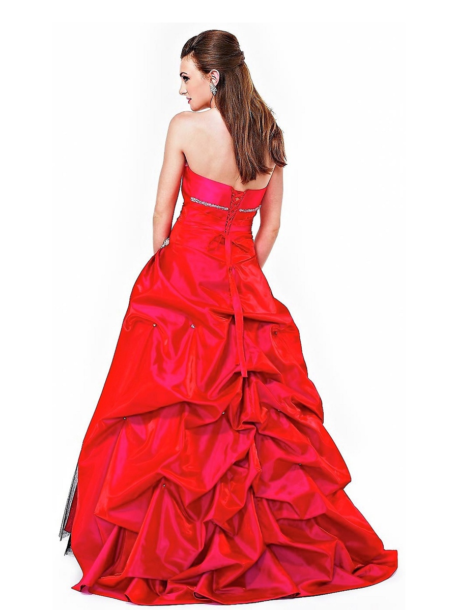 Magnífico Strapless Red seda pesada Pavimento tafetá Comprimento Bola vestido da dama de vestido