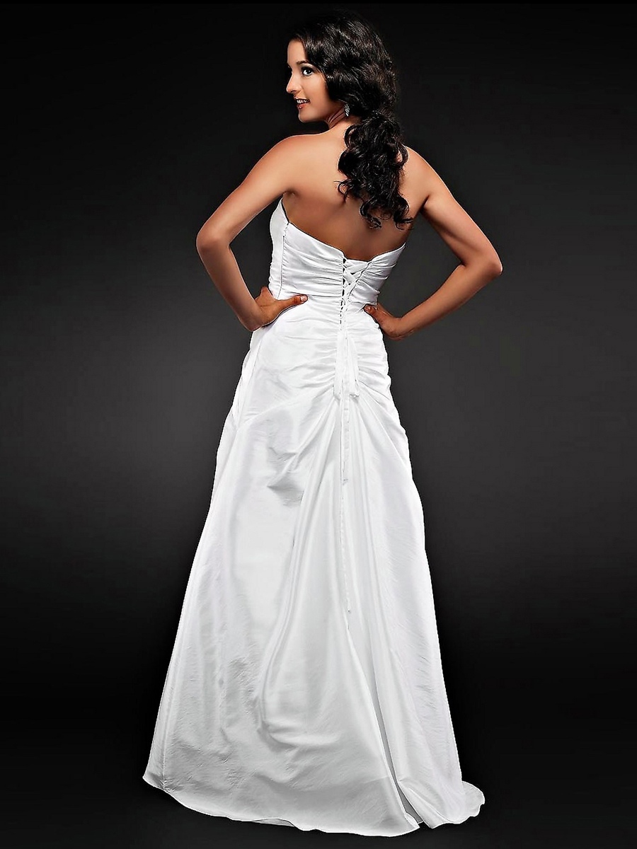 Ostentatious Strapless Floor Length A-Line White Silky Taffeta Beaded Bridesmaid Dress