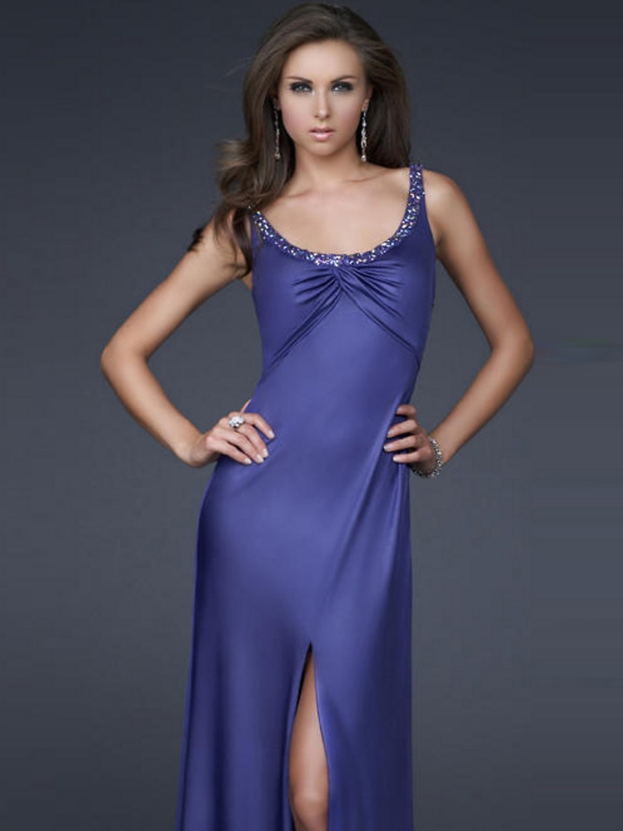 Dark Royal Blue Elastic Chiffon Scoop Neckline Beaded Trim Full Length Evening Dresses