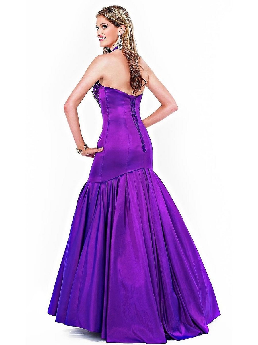Deluxe Top cabestro sirena longitud Diamantes adornado vestido púrpura de satén seda Celebrity