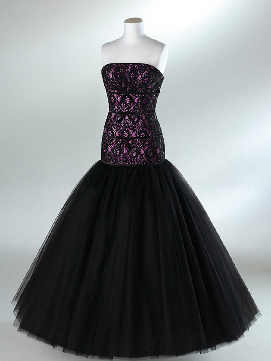 Black Lace and Tulle Ball Gown Strapless Dropped Waist Full length Quinceanera Dresses