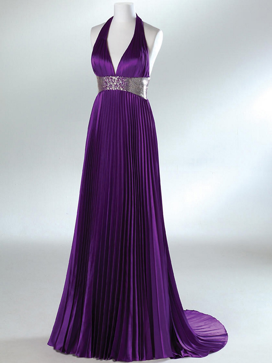 Glamorous Deep V-neckline Halter Strap Sleeveless Pleated Full Length A-line Celebrity Dresses