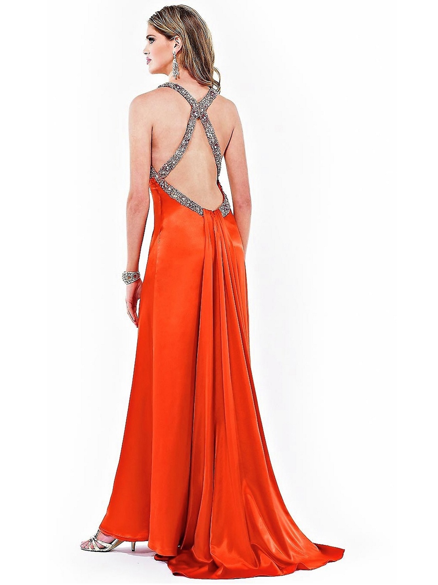 Guaina pavimento lunghezza Deep V -Neck Arancio elastico chiffon Bridesmaid Dress di Beadwork