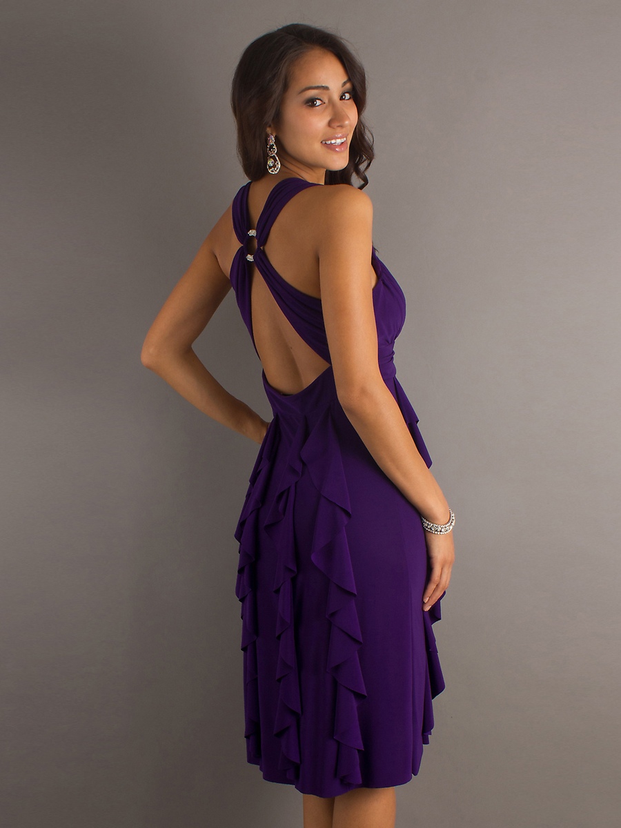 Оболочка короткого колена фиолетовый короткий топ Гофрированные юбки шифон невесты платье