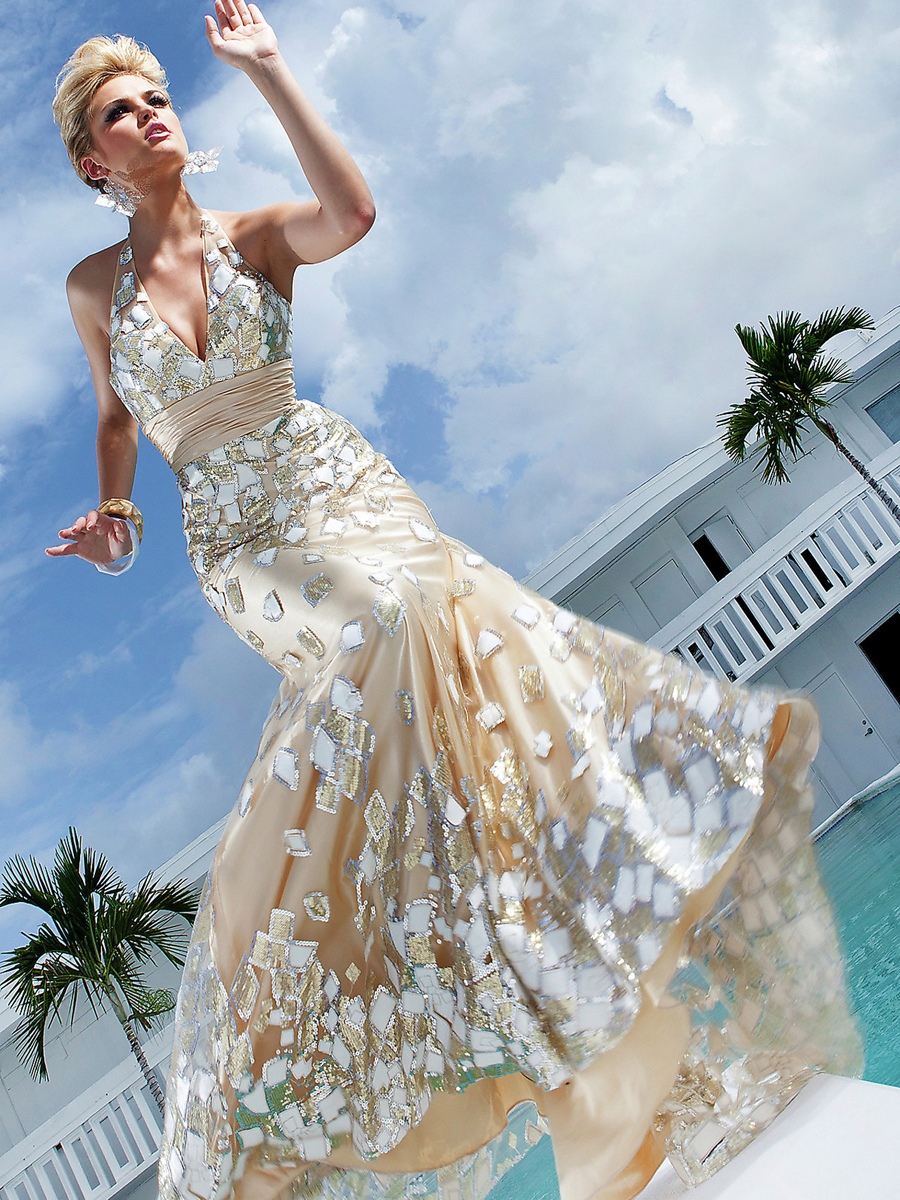 Gorgeous Deep V-Neck Floor Length Sheath Champagne Satin Diamantes Embellished Celebrity Dress