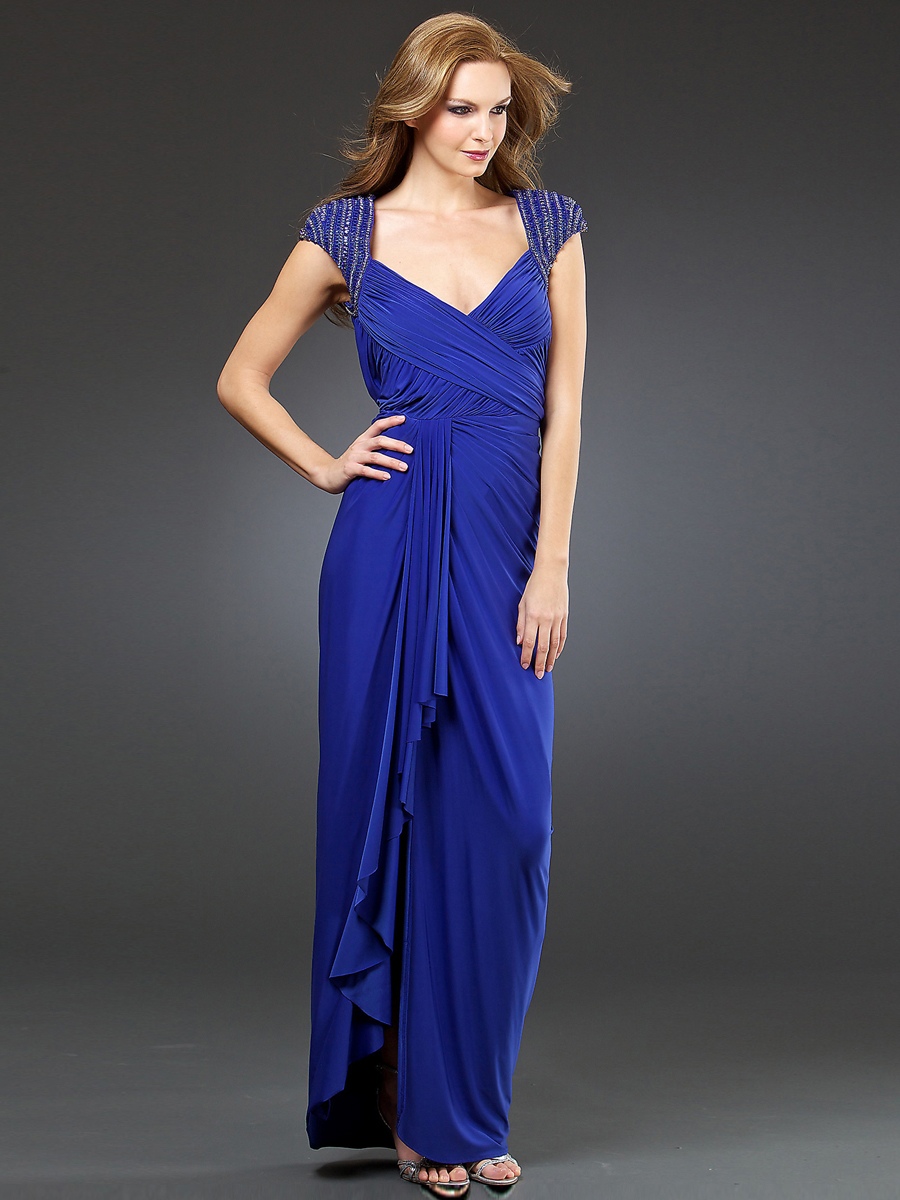 Graceful Elastic Chiffon Capped Sleeves Sequined Trim V-neckline Ruched Sheath Evening Dresses