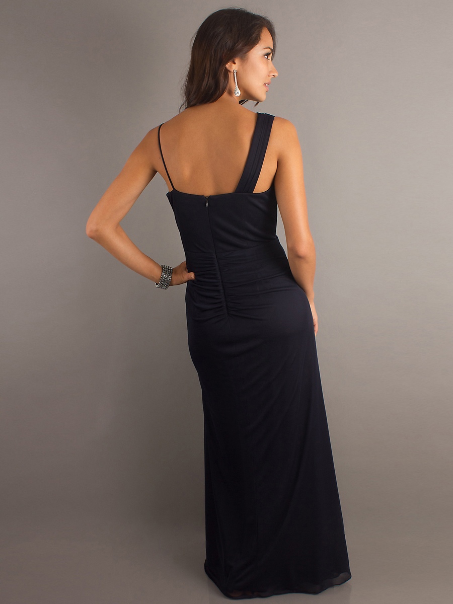 Knöchellangen Mantel Style One - Shoulder schwarz drapiert Chiffon Perlen Prom Dresses