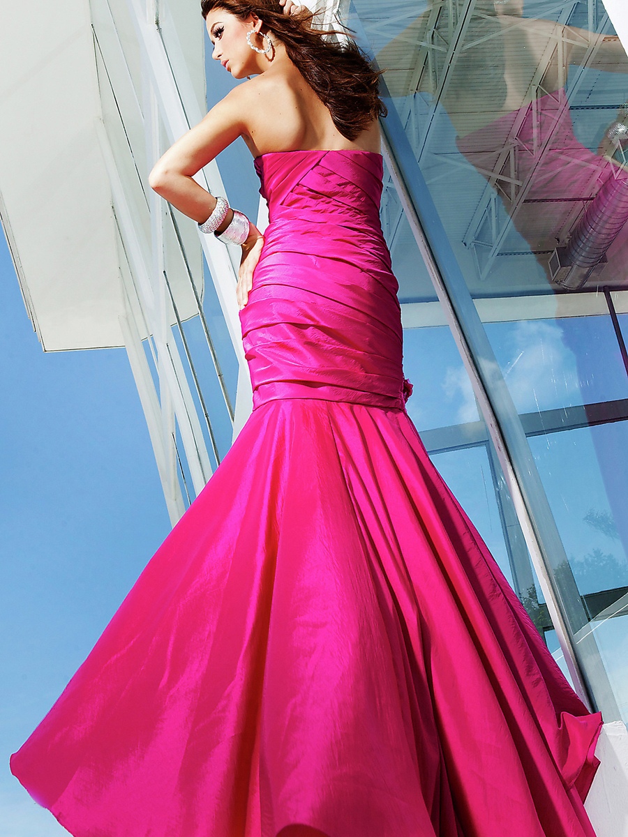 Unprecedented Strapless Floor Length Sheath Fuchsia Heavy Taffeta Floral Embellished Dress