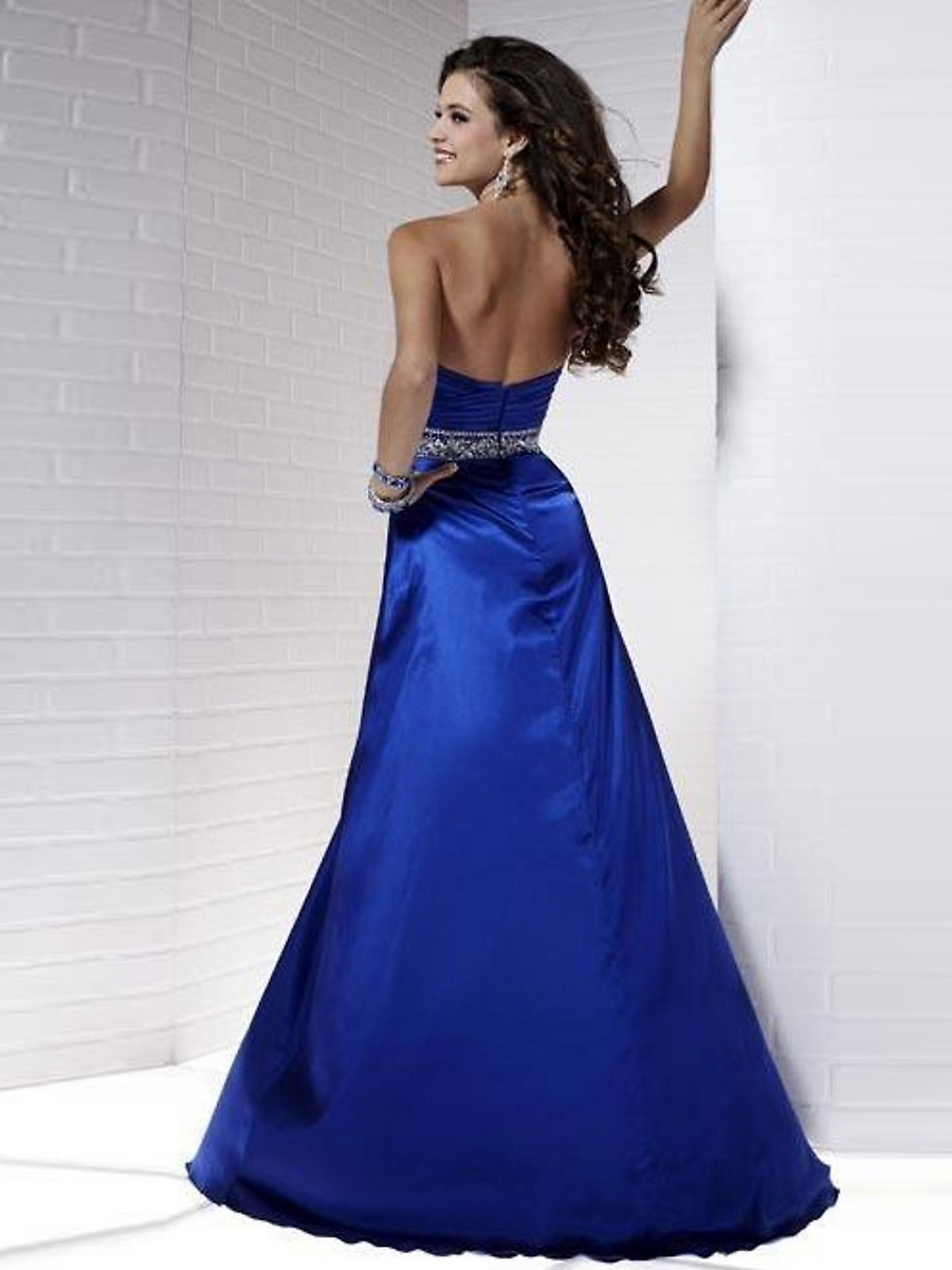 Wonderful Floor Length A-Line Dark Royal Blue Silky Satin Beaded Celebrity Dresses