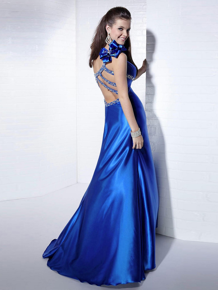 Real Satin Blue One ombro -Strap lantejoulas Corte Arco Ornamento Evening Dresses Bainha