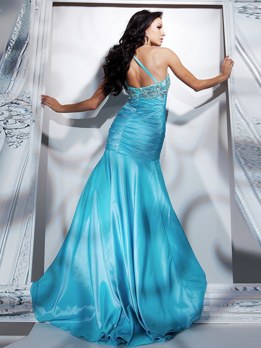 One-Shoulder Mermaid Floor Length Ice Blue Silky Satin Rhinestone Embellished Celebrity Dress