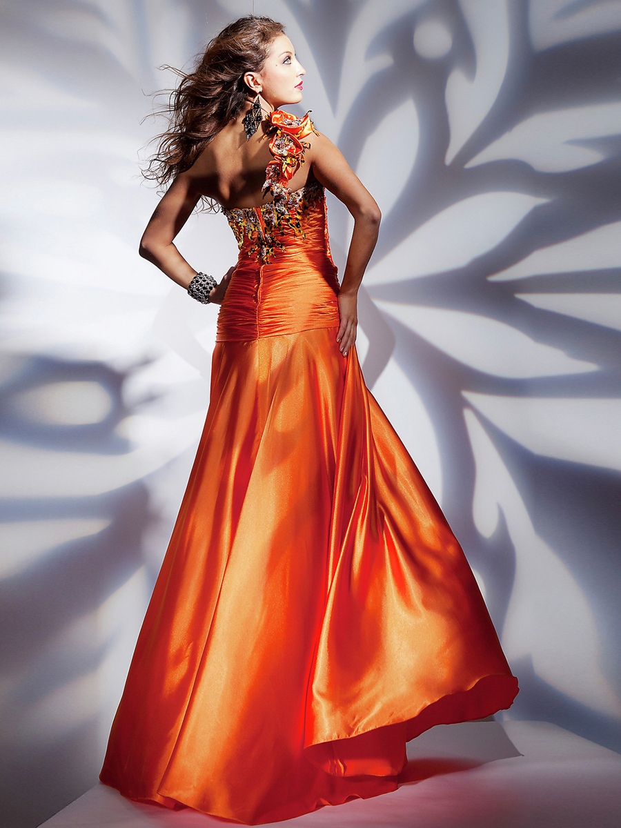 Miraculous One-Shoulder Sheath Floor Length Orange Silky Satin and Printed Celebrity Dress