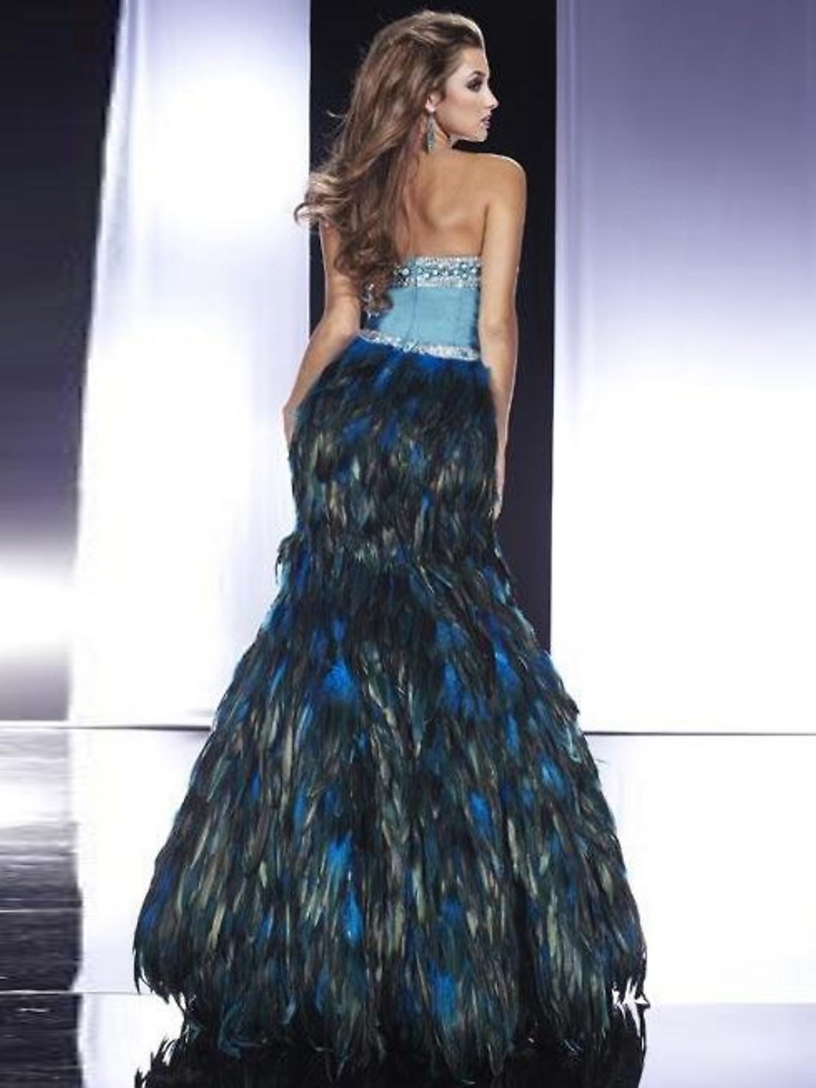 Deluxe Strapless Floor Length Mermaid Blue Satin and Peacock Printed Skirt Celebrity Dress