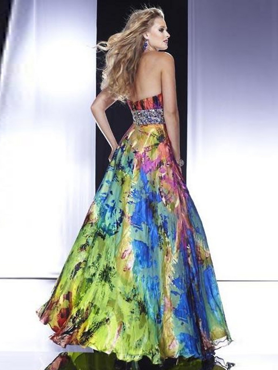 Stunning Strapless Empires Style Multi-Color Printed Beaded Bust Celebrity Dresses